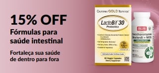 Banner promocional oferecendo 15% OFF em fórmulas para saúde intestinal com o código APR26GUT, destacando produtos.