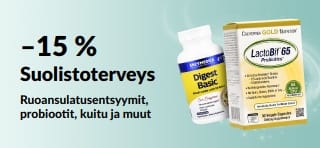 Mainosbanneri, joka tarjoaa –15 % suolistoterveyttä tukevista tuotteista. Kuvassa lisäravinteita.