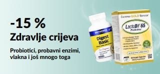 Promotivni reklamni natpis koji nudi 15 % popusta na proizvode za zdravlje crijeva, s prikazom dodataka prehrani.