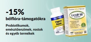 A bélrendszer egészségét támogató étrend-kiegészítőkre 15% kedvezményt hirdető banner.