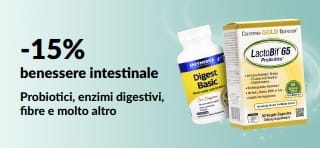 Banner promozionale che offre il 15% di sconto sui prodotti per il benessere intestinale, con integratori.
