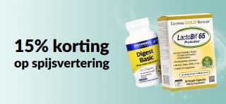 Promotiebanner met 15% korting op producten voor een gezonde darmflora, waaronder supplementen.