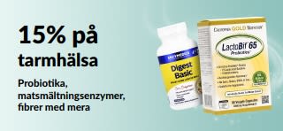 Marknadsföringsbanner som erbjuder 15% på produkter för tarmhälsa, med kosttillskott.