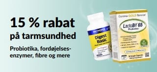 Reklamebanner med 15 % rabat på produkter til tarmsundhed, inklusive kosttilskud.