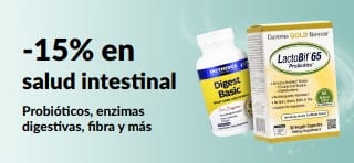 Banner de 15% de descuento en productos para la salud intestinal promocionando suplementos.