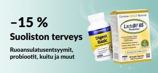 Mainosbanneri, joka tarjoaa –15 % suoliston terveyttä tukevista tuotteista. Kuvassa lisäravinteita.