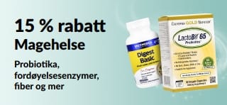 Kampanjebanner som tilbyr 15 % rabatt på produkter for magehelse, med fokus på kosttilskudd.