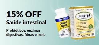 Banner promocional com 15% OFF em produtos para saúde intestinal, apresentando suplementos.