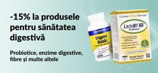 Banner promoțional cu 15% reducere la produsele pentru sănătatea digestivă, cu suplimente alimentare în prim-plan.