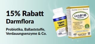 Werbe-Banner mit 15% Rabatt auf Produkte für die Darmflora wie Nahrungsergänzungsmittel.
