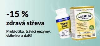 Propagační banner s doplňky stravy nabízející 15% slevu na produkty pro podporu zdravého zažívání.