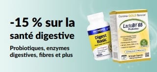 Bannière promotionnelle avec 15 % de réduction sur les produits pour la santé digestive.