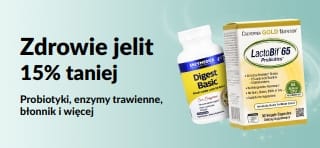 Baner promocyjny oferujący 15% zniżki na produkty na zdrowie jelit, przedstawiający suplementy.