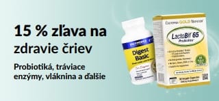 Propagačný baner obsahujúci výživové doplnky, ktorý ponúka 15 % zľavu na produkty na podporu zdravia čriev.