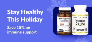 iHerb holiday banner promoting 15% off immune support supplements with code DEC25IS.