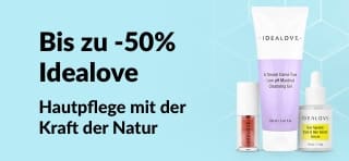 Hautpflegeprodukte von Idealove bis zu 50% reduziert; Naturkosmetik-Werbeaktion mit Gesichtsreiniger, Serum und Augenpflegeset.