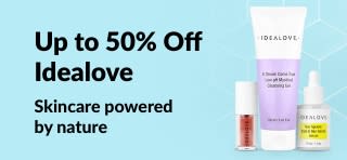Idealove skincare products with up to 50% off; natural beauty promotion featuring cleanser, serum, and eye patch set.