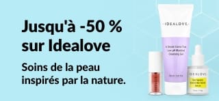 Jusqu'à 50 % de réduction sur les produits de soin Idealove. La beauté au naturel avec nos nettoyants, sérums et un kit de patchs pour les yeux.