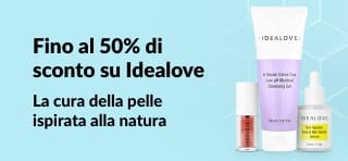 Prodotti per la cura della pelle Idealove con sconti fino al 50% sulla bellezza naturale, cleanser, siero e set di patch per gli occhi.