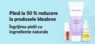 Produse de îngrijire a pielii Idealove cu reduceri de până la 50%; set cu demachiant, ser și plasturi pentru ochi pentru frumusețe naturală.