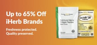 Up to 65% off iHerb brands, featuring collagen and supplements with quality and freshness focus.