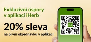 Banner aplikace iHerb: 20% sleva na první objednávku v aplikaci  s promo kódem EU1STAPP. Obsahuje QR kód a telefon.