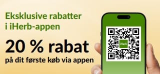 iHerb-app-banner: 20 % rabat på dit første køb via appen med kampagnekoden EU1STAPP. Indeholder en QR-kode på en smartphone