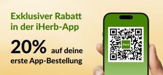 iHerb-App-Banner: 20% Rabatt auf die erste Bestellung über die App mit Rabattcode EU1STAPP. Mit QR-Code auf einem Smartphone.