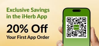 iHerb App banner: 20% off your first app order with promo code EU1STAPP. Includes a QR code on a smartphone.