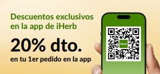 Banner de la app de iHerb: 20% de descuento en tu primera compra en la app con el código EU1STAPP. Incluye un código QR en un móvil.