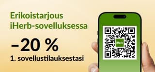 iHerb-sovelluksen banneri: –20 % ensimmäisestä sovellustilauksestasi koodilla EU1STAPP. Sisältää QR-koodin älypuhelimella.