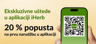 iHerb reklamni natpis za ponudu u aplikaciji: 20 % popusta na prvu narudžbu putem aplikacije uz promotivni kod EU1STAPP. Sadrži QR kod na pametnom telefonu.