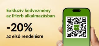 iHerb App banner: 20% kedvezmény az első rendelésre az alkalmazásban az EU1STAPP promóciós kóddal. A képen egy QR kód és egy okostelefon látható.