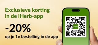 Banner in de iHerb-app: 20% korting op je eerste bestelling via de app met kortingscode EU1STAPP. Inclusief een QR-code op je smartphone.