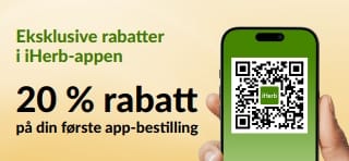 iHerb-appbanner: 20 % rabatt på din første app-bestilling med kampanjekoden EU1STAPP. Inneholder en QR-kode på en smarttelefon.