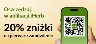 Baner aplikacji iHerb: 20% zniżki na pierwsze zamówienie w aplikacji z kodem promocyjnym EU1STAPP. Zawiera kod QR na ekranie smartfona.