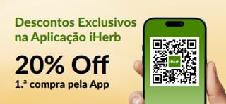 Banner da App iHerb: 20% de desconto na primeira compra na App com o código promocional EU1STAPP. Inclui um código QR num smartphone.