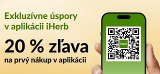 Baner pre aplikáciu iHerb: –20% na prvý nákup v aplikácii s kódom EU1STAPP. Zobrazuje QR kód na mobile.