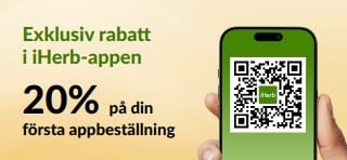 iHerb appbanner: 20% på din första appbeställning med kampanjkoden EU1STAPP. Med en QR-kod på en smartphone.