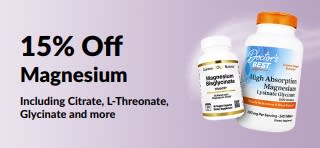 Promotional banner offering 15% off magnesium supplements.