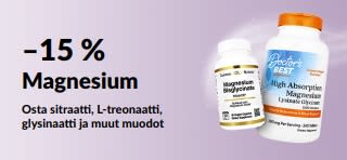Mainosbanneri, joka tarjoaa 15 % alennusta magnesiumlisistä.