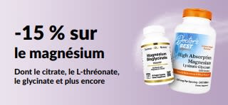 Bannière promotionnelle offrant 15 % de réduction sur les compléments de magnésium.