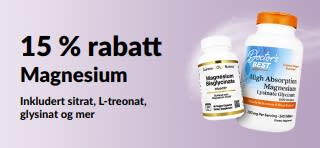Kampanjebanner som tilbyr 15 % rabatt på magnesiumtilskudd.