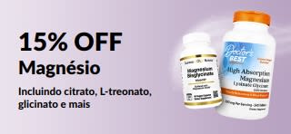 Banner promocional com 15% OFF em suplementos de magnésio.