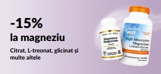 Banner promoțional cu 15% reducere la suplimentele cu magneziu.