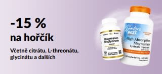 Propagační banner nabízející 15% slevu na doplňky stravy s hořčíkem.