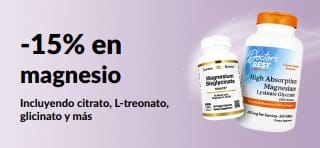 Banner promocional con un 15% de descuento en suplementos de magnesio.