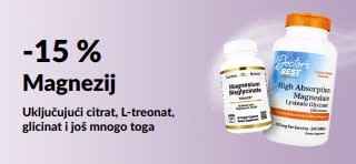 Promotivni reklamni natpis koji nudi 15 % popusta na dodatke prehrani s magnezijem.