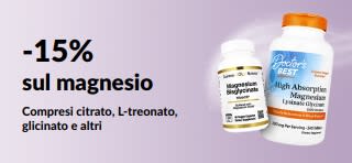 Banner promozionale che offre il 15% di sconto sugli integratori di magnesio.