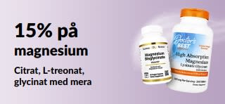 Kampanjbanner som erbjuder 15% på magnesiumtillskott.